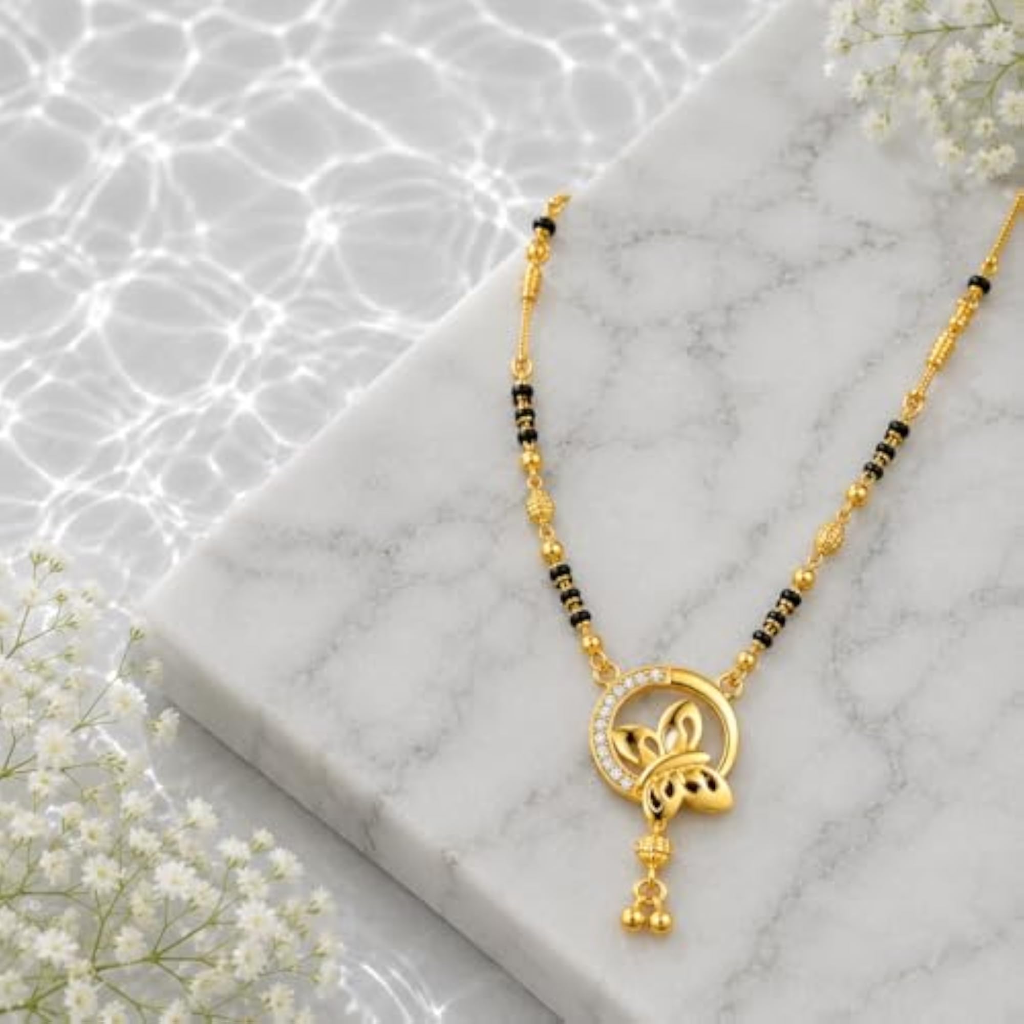 Women's Traditional Gold & Black Brass Alloy Mangalsutra with Butterfly Pendant